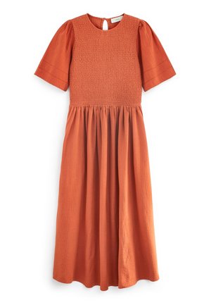 Jurk in roestkleur met korte pofmouwen, een gerimpelde top en een uitlopende rok. Heeft een sleutelgat aan de achterkant en een textuurstof.