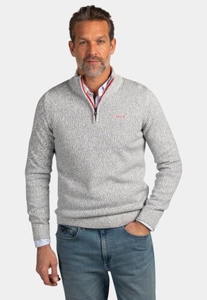 Man draagt een lichtgrijze trui met een rits tot een kwart van de lengte, over een overhemd met kraag en blauwe spijkerbroek, staat met één hand in zijn zak.