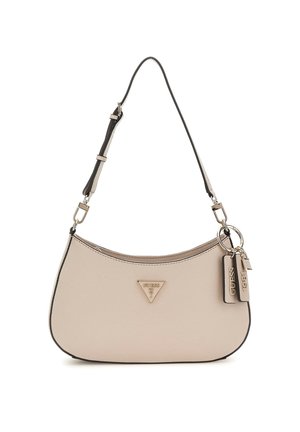 Beige Guess handbag with adjustable shoulder strap, triangular logo on front, and two branded leather key tags hanging on side ring.