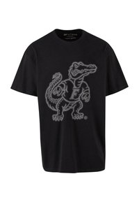 Black cotton t-shirt featuring a large, gray graphic of an alligator character with a "F" on its chest. Short sleeves, crew neck.