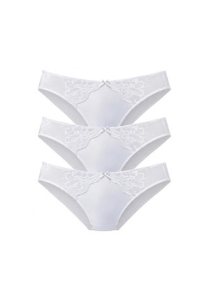 Three white lace-trimmed women's bikini briefs stacked, each with a small bow detail at the front center.