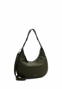 Borsa a spalla in pelle verde scuro dalla forma curva, con tracolla regolabile, chiusura con zip e texture liscia. Presenta dettagli in metallo argentato.