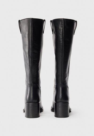 Black leather knee-high boots with a smooth texture, rounded toe, and a block heel. Features subtle stitching and pull tabs at the top.