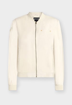 Off-white bomber bunda s predným zipsom, rebrovanými manžetami, bočnými vreckami a malými vyšívanými nášivkami na hrudi a ľavom rukáve.