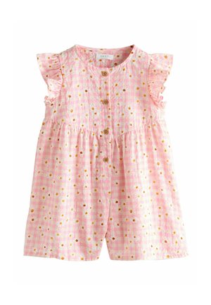 Pink checked sleeveless romper featuring floral patterns, ruffled shoulders, and wooden button closures along the front. Soft cotton material.