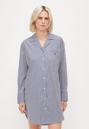 Abito camicia a maniche lunghe blu e bianche a righe, caratterizzato da una tasca, chiusura con bottoni e morbido materiale in cotone. Vestibilità su misura con maniche a polsino.
