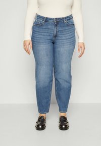 Light blue high-waisted jeans with a straight leg cut. Made of denim, featuring five pockets and subtle fading along the thighs.