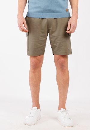 Olijfgroene cargoshorts van stof, met voorzakken en zijcargo zakken. Gepaard met een blauwe trui en witte sneakers.