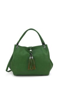 Groene leren handtas met een gestructureerde afwerking, featuring een bovenhandvat en een decoratieve kwast. Inclusief hardwareaccenten in zilverkleur.