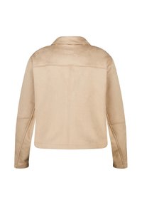 Beige jas van imitatiesuède met een kraag, lange mouwen en een boxy pasvorm. Heeft nette strepen en een gladde, matte textuur.