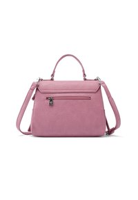 Borsa in pelle rosa con forma strutturata, manico superiore e tracolla regolabile. Dotata di una tasca con zip frontale e finitura testurizzata.