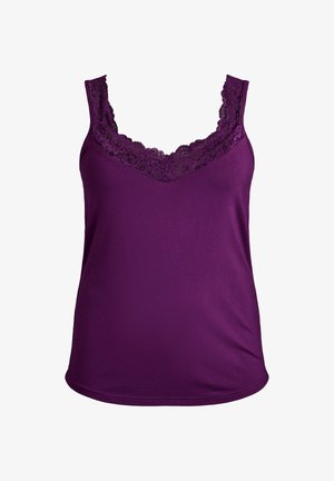 Violetti toppi, jossa on V-päänauha ja reunustettu teksturoidulla mustalla pitsillä. Valmistettu pehmeästä, sileästä kankaasta. Säädettävät olkaimet.