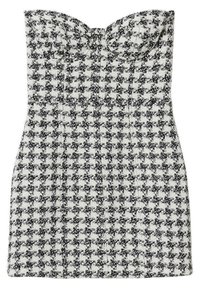Robe mini sans bretelles avec un motif pied-de-poule abstrait noir et blanc et un corsage ajusté et structuré.