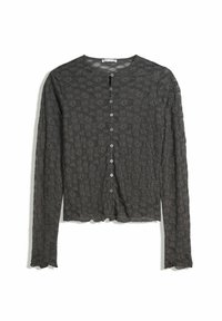 Cardigan à manches longues, gris foncé, en dentelle avec un motif floral et des bords festonnés aux poignets et à l'ourlet.