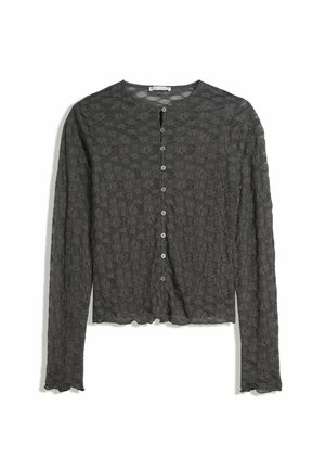 Dark gray lace long-sleeve button-up cardigan with floral pattern and scalloped edges on cuffs and hem.