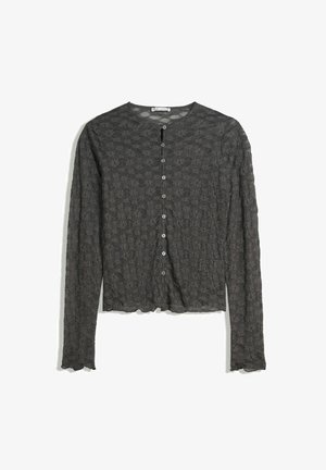 Dark gray lace long-sleeve button-up cardigan with floral pattern and scalloped edges on cuffs and hem.