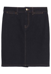 Gonna di jeans scuri con una forma aderente, tasche frontali, chiusura con zip e cuciture gialle a contrasto lungo le cuciture.