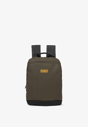 Olive green backpack with a black base, featuring a top handle, padded straps, and yellow logo. Smooth texture and minimal stitching details.
