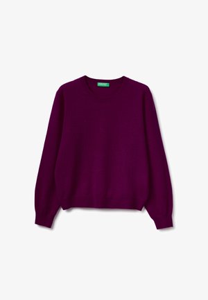 Pull en tricot violet avec un col rond et des manches longues. Présente des poignets et un ourlet côtelés pour un look ajusté. Texture lisse.