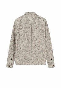 Košulja s dugim rukavima i gumbima, s teksturiranim sivim i višebojnim šarenim uzorkom, prikazana s leđa na bijeloj pozadini.