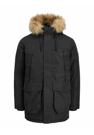 Črna parka jakna s snemljivim bež umetnim krznom na kapuci, sprednjim zadrgo, dvema velikima žepoma s poklopcem in nastavljivim robom za boljši fit.