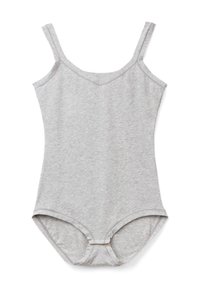 Bodysuit in cotone grigio con spalline sottili, scollatura a V e vestibilità aderente. Presenta una texture liscia e aperture elastiche per le gambe per il massimo comfort.