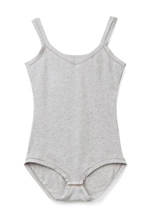 Body en coton gris avec fines bretelles, décolleté en V et coupe ajustée. Présente une texture lisse et des ouvertures de jambe élastiques pour plus de confort.