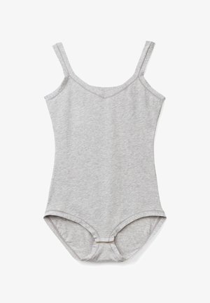 Bodysuit in cotone grigio con spalline sottili, scollatura a V e vestibilità aderente. Presenta una texture liscia e aperture elastiche per le gambe per il massimo comfort.