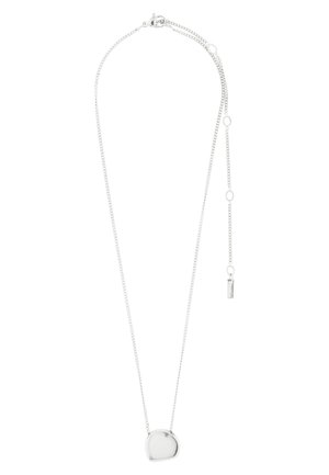 Collana a catena in argento con pendente ovale liscio e irregolare e catenella di estensione regolabile con maglie ovali e piccolo targhetta.