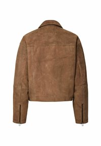 Veste en daim marron vue de dos avec manches longues et fermetures éclair aux poignets, avec un col classique et des détails de couture simples.