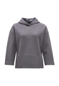 Felpa grigia con cappuccio, in tessuto testurizzato, maniche a tre quarti e tasca frontale. Presenta una sottile lucentezza e una vestibilità comoda.