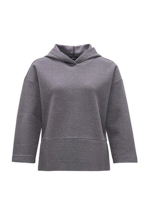 Grijze hooded sweatshirt van textuurstof, met 3/4 mouwen en een voorkantzak. Bevat een subtiele glans en heeft een relaxte pasvorm.