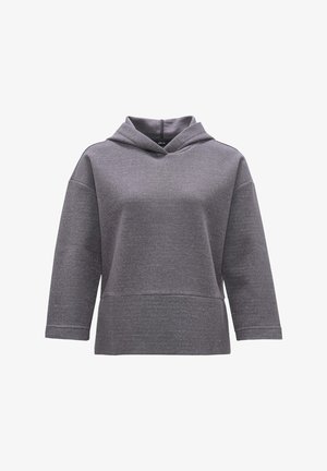Grijze hooded sweatshirt van textuurstof, met 3/4 mouwen en een voorkantzak. Bevat een subtiele glans en heeft een relaxte pasvorm.
