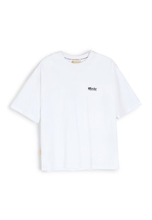 Biała bawełniana koszulka z krótkim rękawem, z czarnym nadrukiem graficznym na lewej piersi oraz małą włożoną metką u dołu.