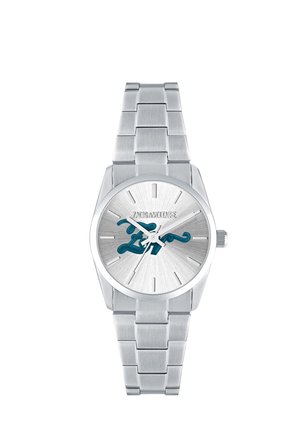 Zilverkleurig metalen polshorloge met een schakelarmband, minimalistische wijzerplaat en blauw gestileerd "Zadig & Voltaire"-logo op de wijzerplaat.