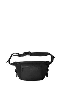 Banane en tissu noir avec un design texturé en nid d'abeille, bandoulière réglable et poche frontale zippée. Elle est dotée d'une fermeture à boucle robuste.