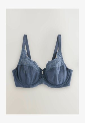 Sötétkék melltartó sima anyagból, csipkés díszítéssel a tetején és a pántokon, alátámasztással és állítható pántokkal.