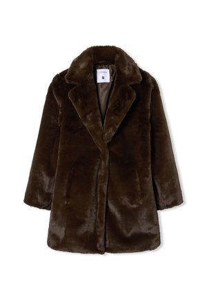 Brązowy futrzany płaszcz z kołnierzem, długimi rękawami i bocznymi kieszeniami. Wnętrze jest podszyte, z metką wskazującą rozmiar S.