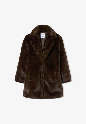 Brązowy futrzany płaszcz z kołnierzem, długimi rękawami i bocznymi kieszeniami. Wnętrze jest podszyte, z metką wskazującą rozmiar S.