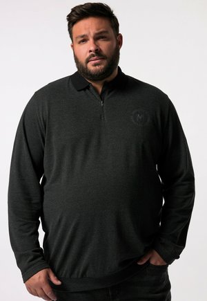 Mørkegrå pullover med lange ærmer, en krave med lynlås og et diskret cirkulært logo på brystet. Blødt stof med en glat overflade.