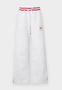 Light gray sweatpants with an elastic waistband featuring red stripes, drawstring closure, and a small Nike logo on the left leg.