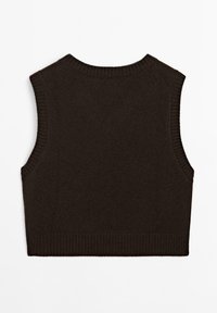 Brun ärmlös tröja med ribbad halsringning och nederkant. Stickad textur med en figurnära form, som har breda armhål och sömlös konstruktion.