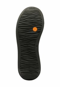 Suela de zapato de goma negra con un patrón texturizado ondulado y un acento circular naranja cerca del centro. Talla marcada: 36.
