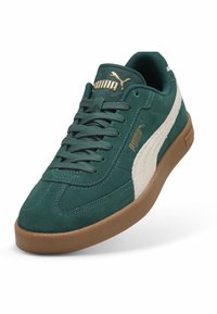 Baskets en suède vert avec une bande latérale beige, semelle en caoutchouc gomme et accents en métal doré. Présente un design à lacets et un col rembourré.