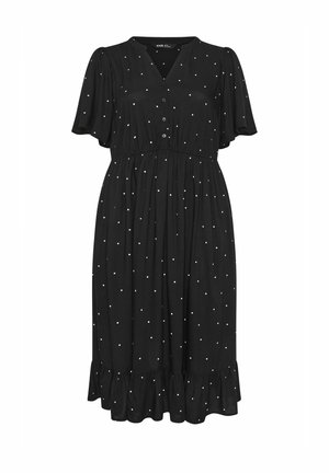 Robe midi noire à pois blancs, avec manches courtes évasées, col en V boutonné, taille cintrée et ourlet à volants.