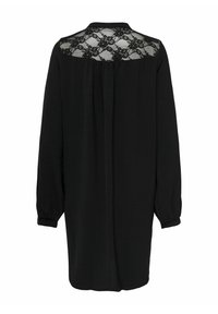 Czarna bluzka z długimi rękawami, koronkowymi detalami z tyłu oraz marszczonym materiałem dla luźnego kroju. Gładka textura i klasyczny fason kołnierzyka.