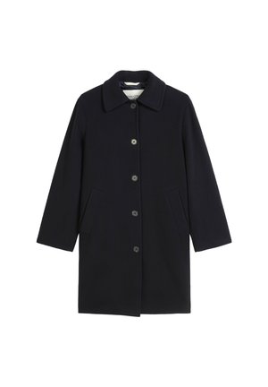 Single-breasted dark navy mid-length wool coat with long sleeves, a collar, button closures, and two slanted front pockets.