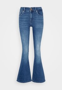 Mørkeblå denim flare jeans med høj talje, der har frontlommer, bæltestropper og knaplukning. Fadede vaskedesign på benene.