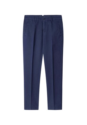 Navy chinos with a straight leg design, made of lightweight cotton. Features side pockets and a front button closure. Smooth texture.
