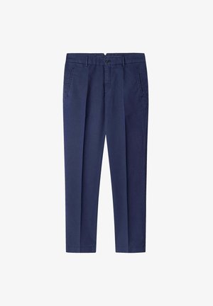 Marineblaue Chinos mit geradem Beindesign, aus leichtem Baumwollstoff. Verfügt über Seitentaschen und einen Frontknopfverschluss. Glatte Textur.